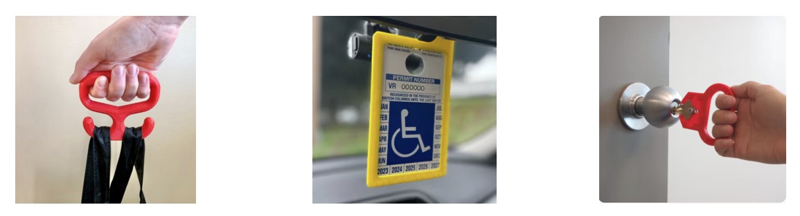 Image of three examples of accessibility aids, including a bag carrier, parking pass hanger and key turner.