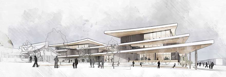 A detailed sketch of a contemporary building, the new Steveston Community centre and library, with people strolling nearby, illustrating a vibrant city scene.